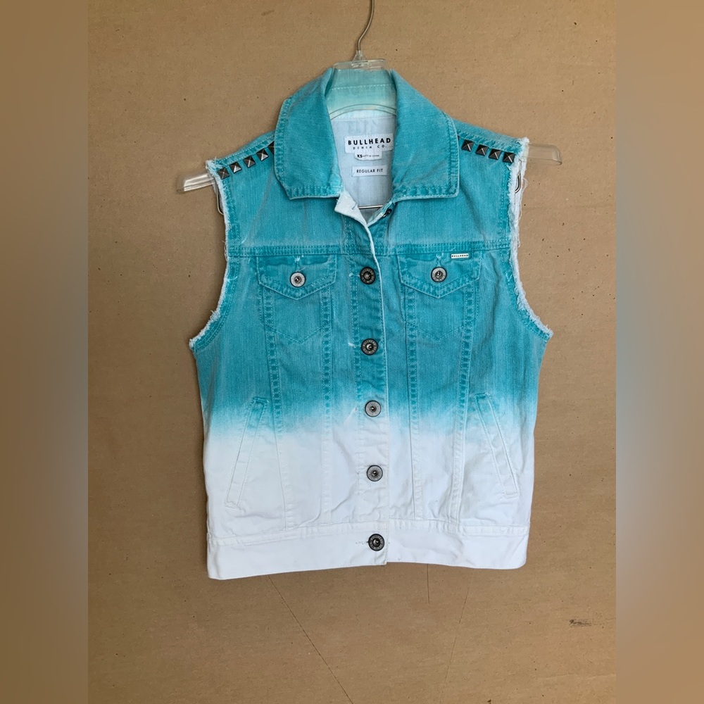 HI CUT, FADE DYED DENIM VEST. BULL HEAD DENIM.